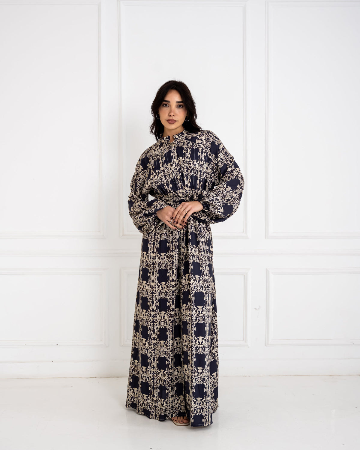 PRINTED COTTON SHIRT DRESS-BLUE BLACK