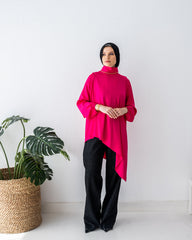HIGH LOW SATIN BLOUSE -FOSHIA