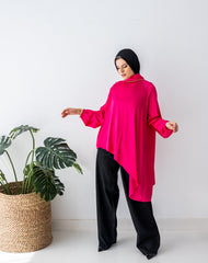 HIGH LOW SATIN BLOUSE -FOSHIA