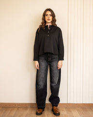 WIDE LEG FRINGE DENIM PANTS-BLACK