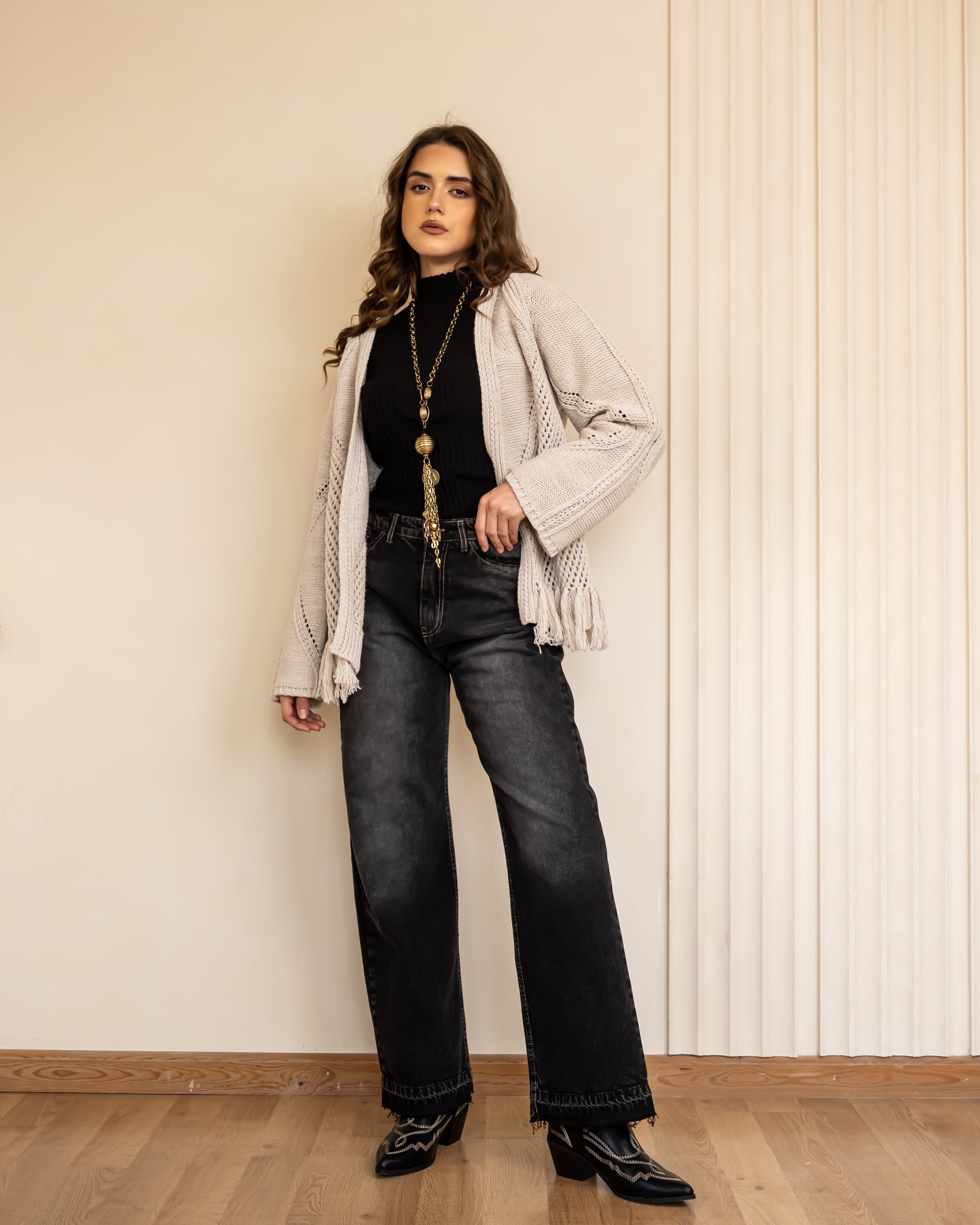 WIDE LEG FRINGE DENIM PANTS-BLACK