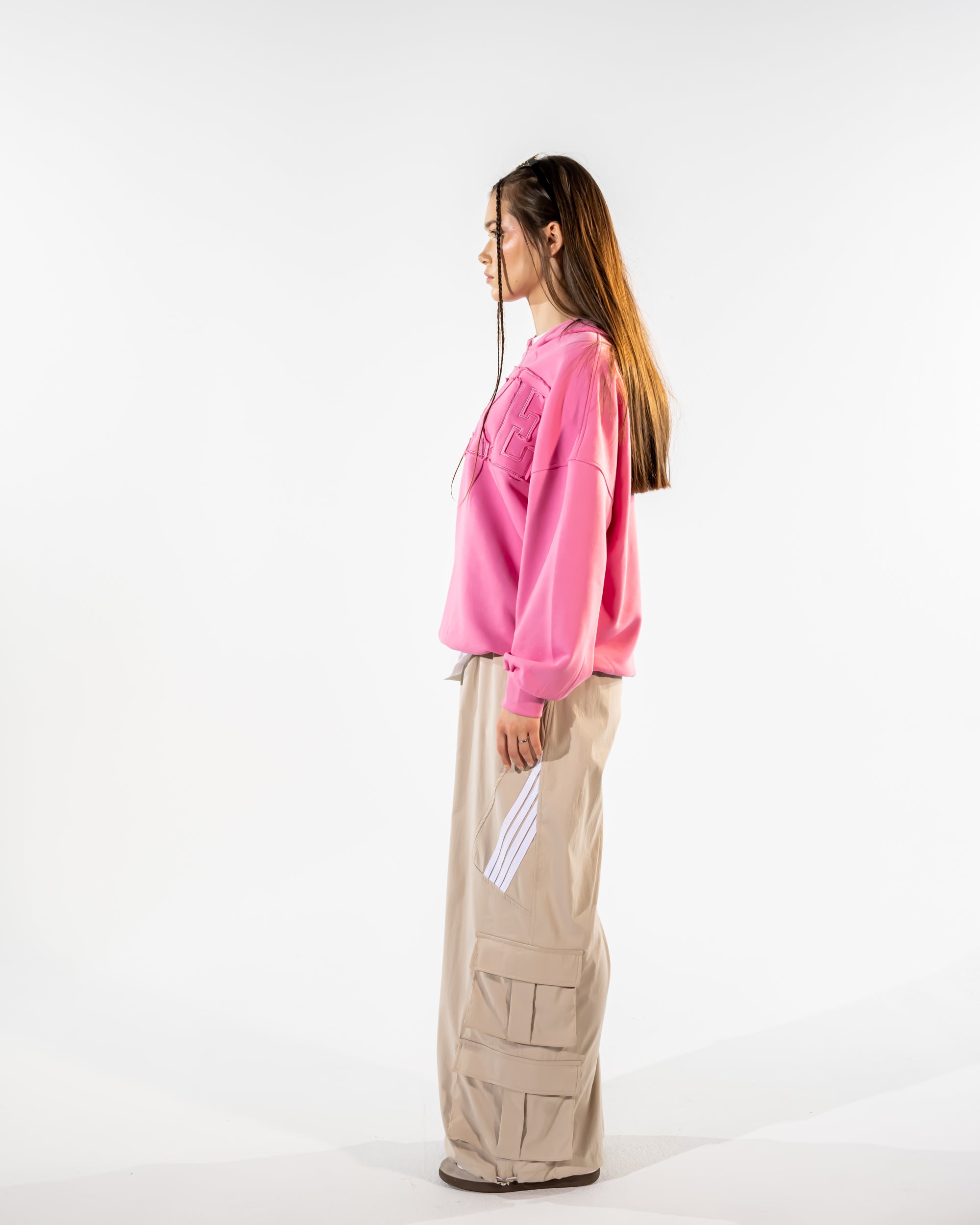 STRIPPED POCKET WIDE LEG PANTS-BEIGE