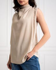 sleeveless drapped top-BEIGE