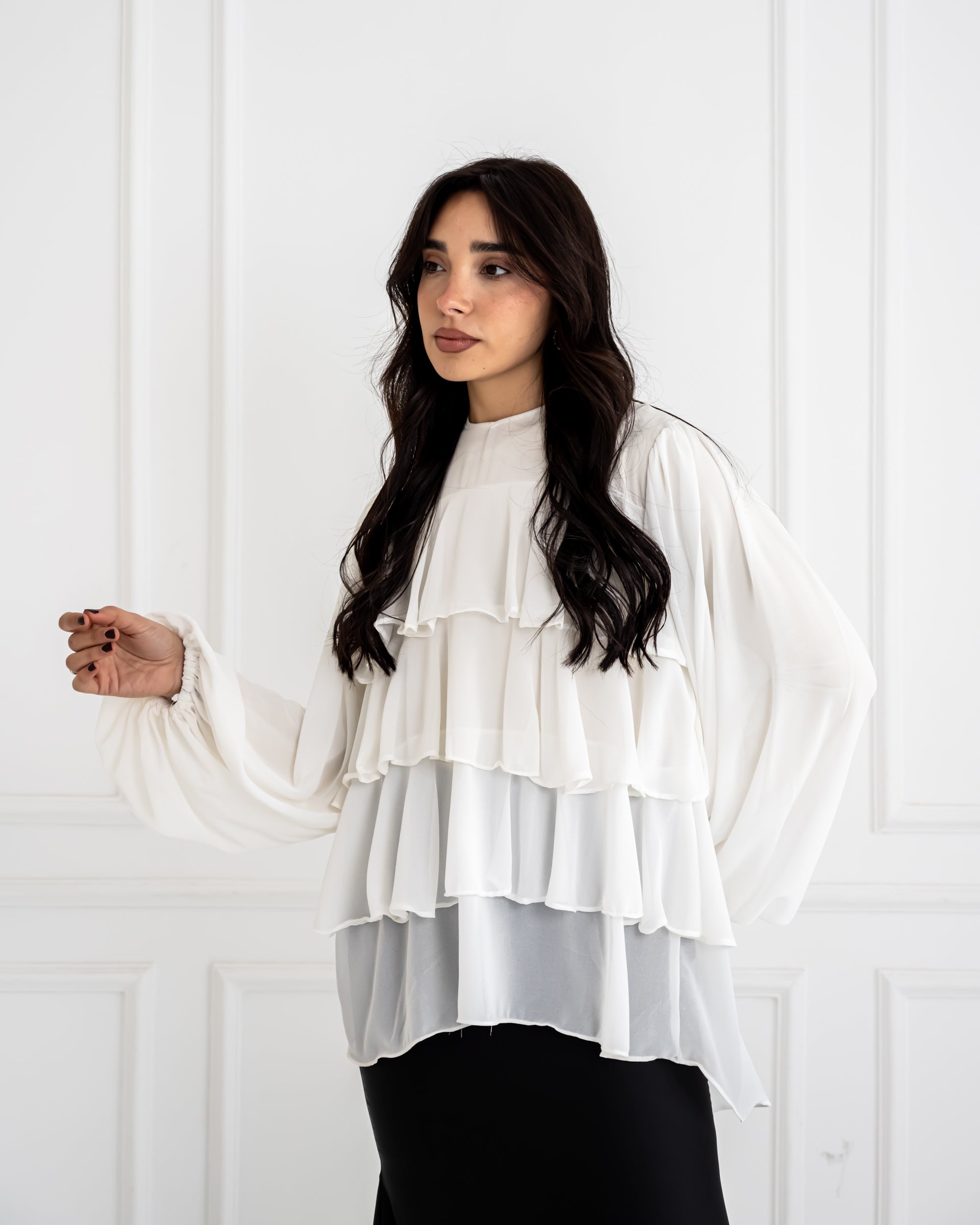 RUFFLE CHIFFON BLOUSE -WHITE