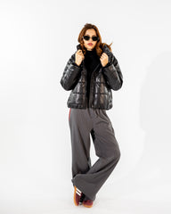 WIDE LEG PANTS WITH SIDE MARRON STRIPES -GRAY