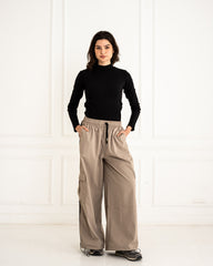 STRIPPED WIDE LEG PANTS -CAFE
