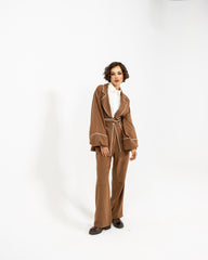 STRIPPED LINEN PANTS -CAFE