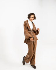 STRIPPED LINEN PANTS -CAFE