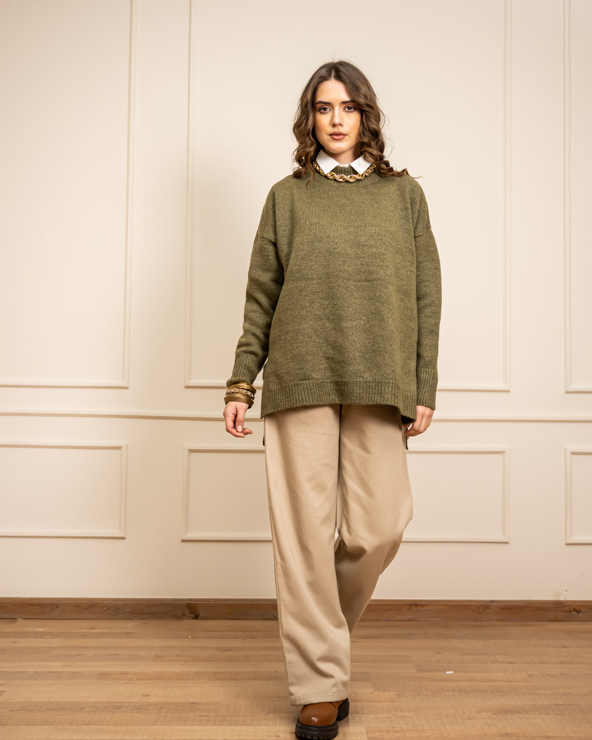 STRAIGHT GABARDINE PANTS -BEIGE