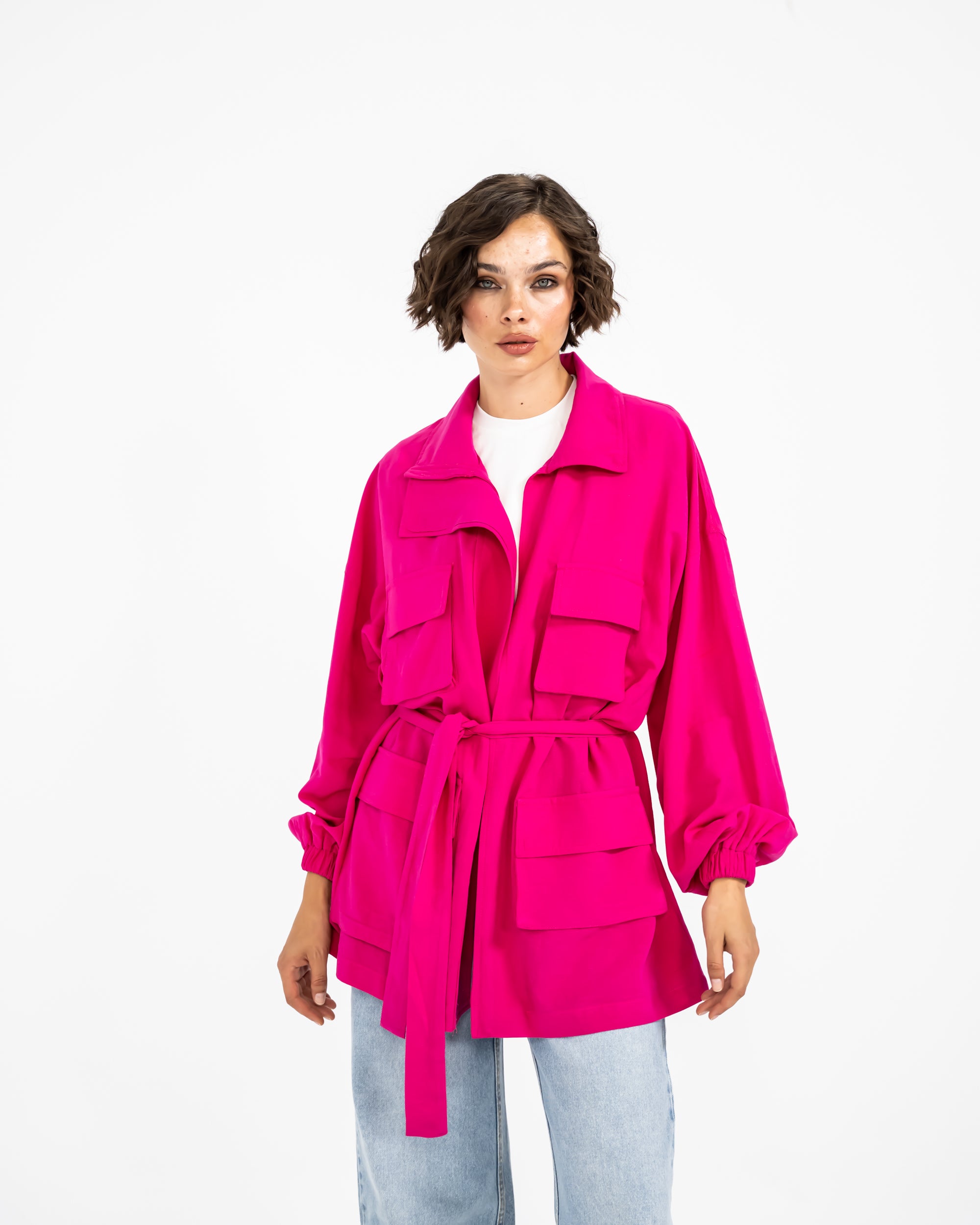 WITH POCKETS LINEN JACKET -Fuchia