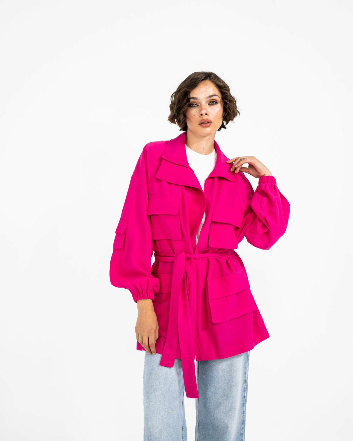 WITH POCKETS LINEN JACKET -Fuchia