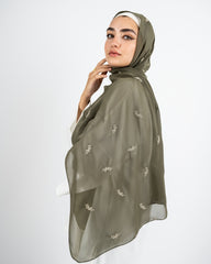 EMBROIDERED CHIFFON SCARF -OLIVE