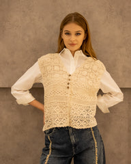 KNIT VEST WITH CUTWORK EMBROIDERY-BEIGE