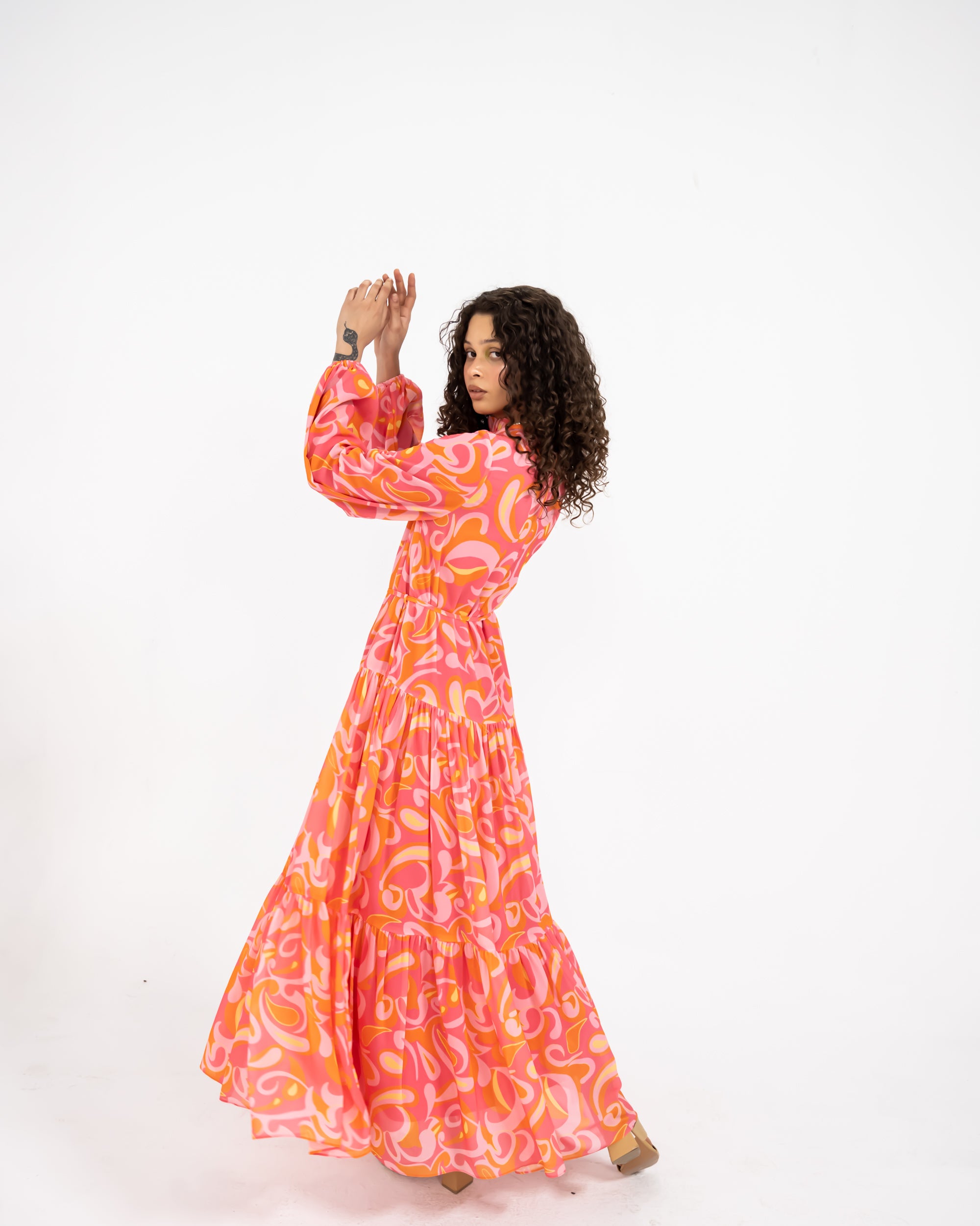 PRINTED RUFFLE DRESS -PINK