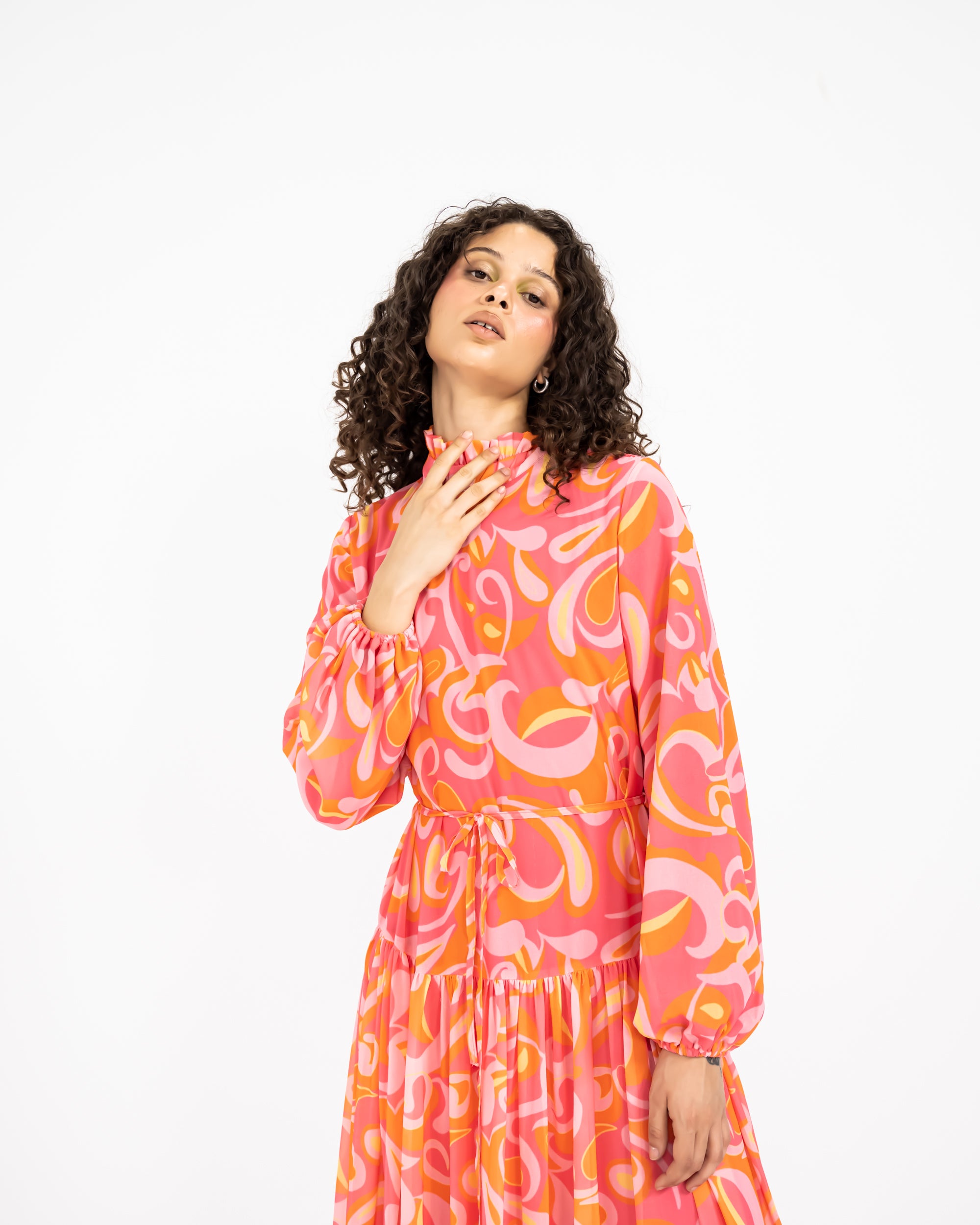 PRINTED RUFFLE DRESS -PINK