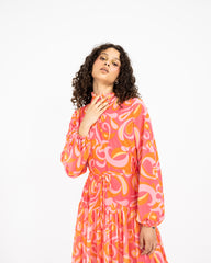 PRINTED RUFFLE DRESS -PINK