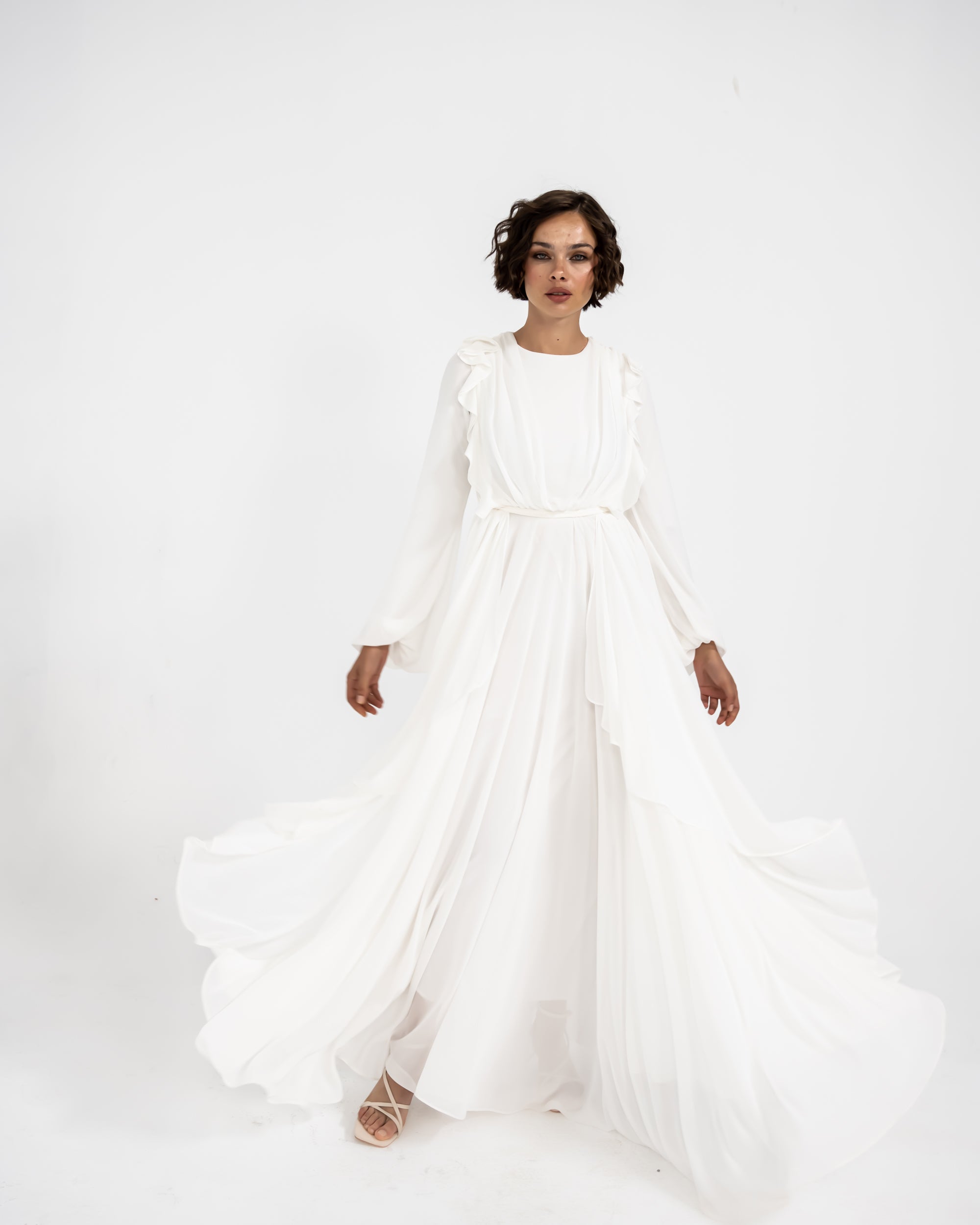RUFFLE CHIFFON DRESS -OFF WHITE