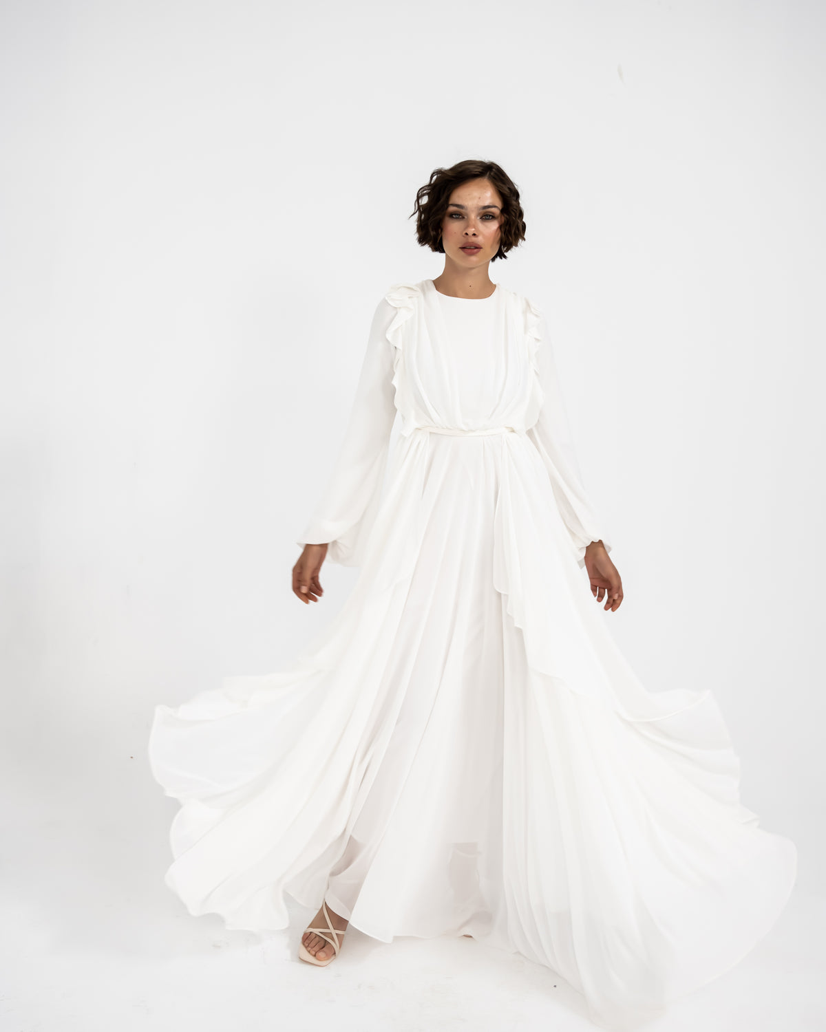 RUFFLE CHIFFON DRESS -OFF WHITE