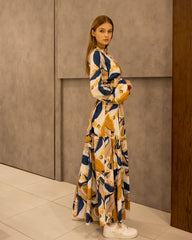 PRINTED DRAPPED DRESS-MUSTARD