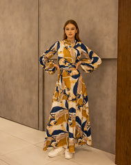 PRINTED DRAPPED DRESS-MUSTARD