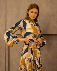 PRINTED DRAPPED DRESS-MUSTARD
