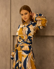 PRINTED DRAPPED DRESS-MUSTARD