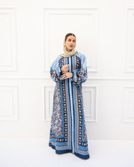 BORDERED LINEN SHIRT DRESS-BLUE