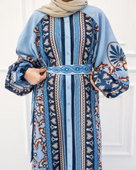 BORDERED LINEN SHIRT DRESS-BLUE