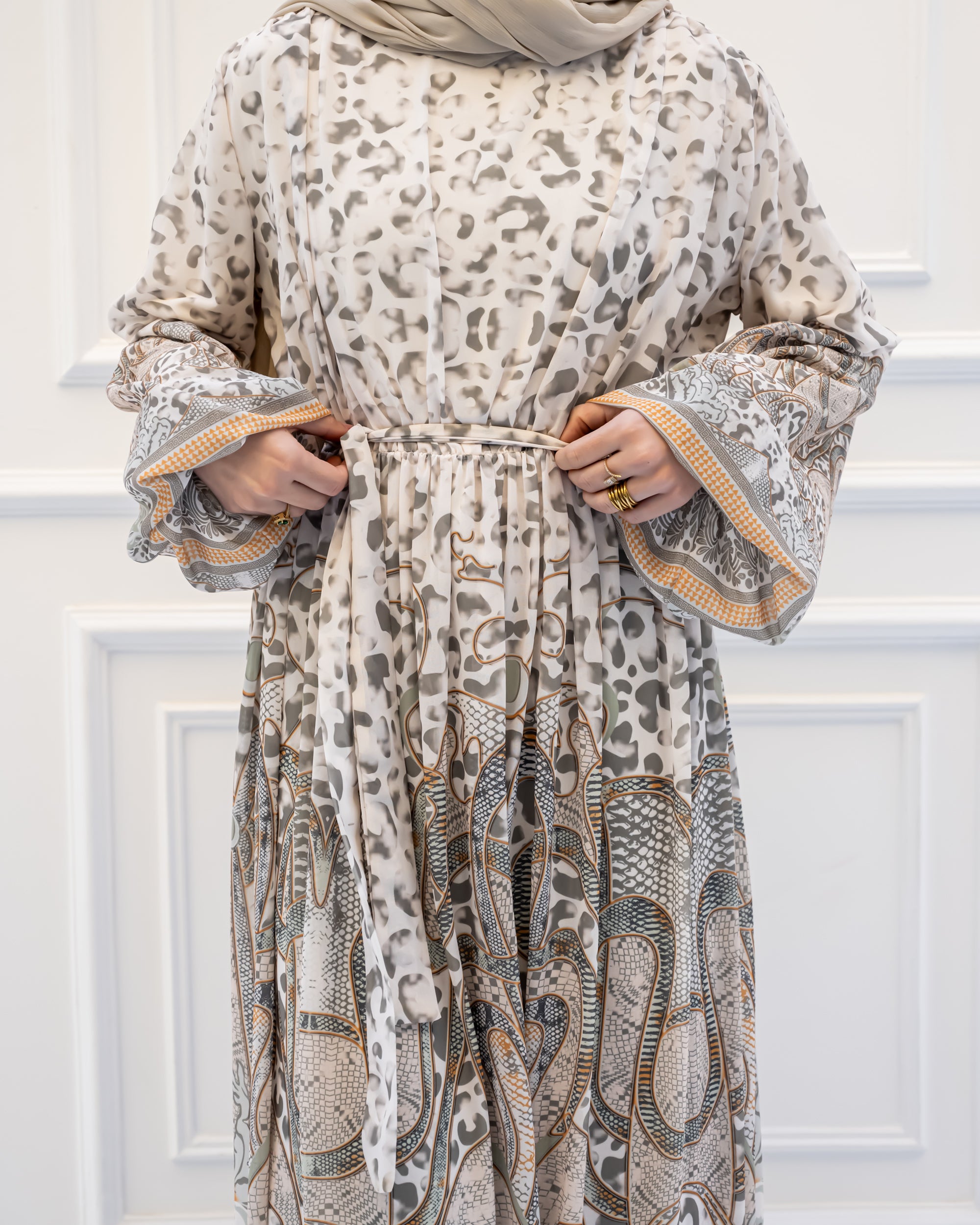 BORDER PRINT CHIFFON DRESS-OLIVE
