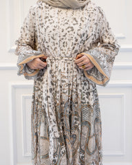 BORDER PRINT CHIFFON DRESS-OLIVE