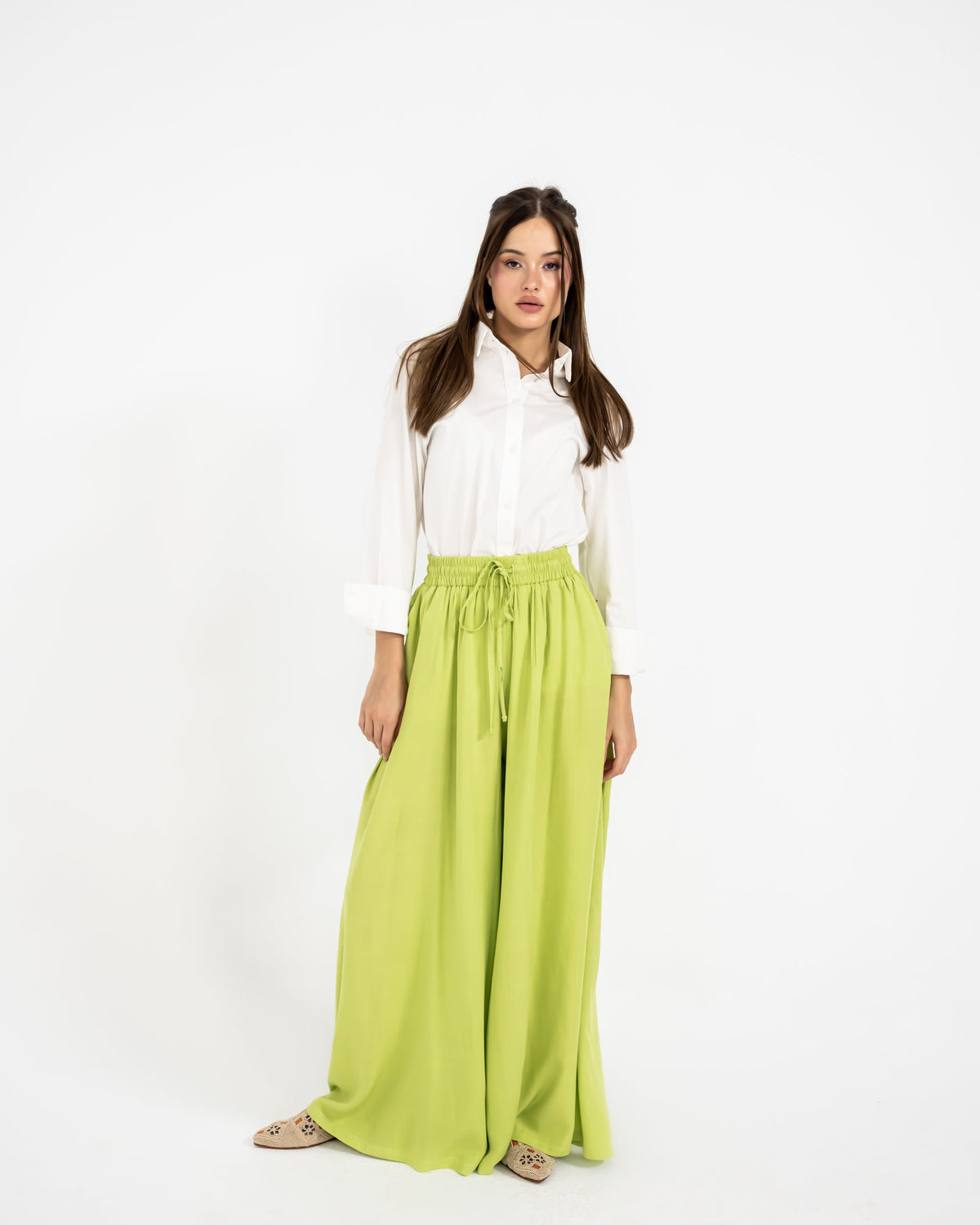 LINEN WIDE LEG PANTS-LEMON