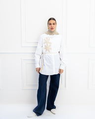 FITTED SHIRT WITH HANDMADE FLOWERED-WHITE
