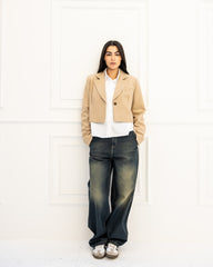 STRIPPED CROPPED BLAZER- BEIGE