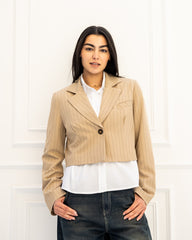 STRIPPED CROPPED BLAZER- BEIGE