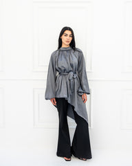 CRINKLE HIGH LOW BLOUSE-GRAY
