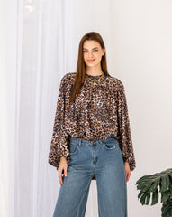 TIGER SATIN BLOUSE -BROWN