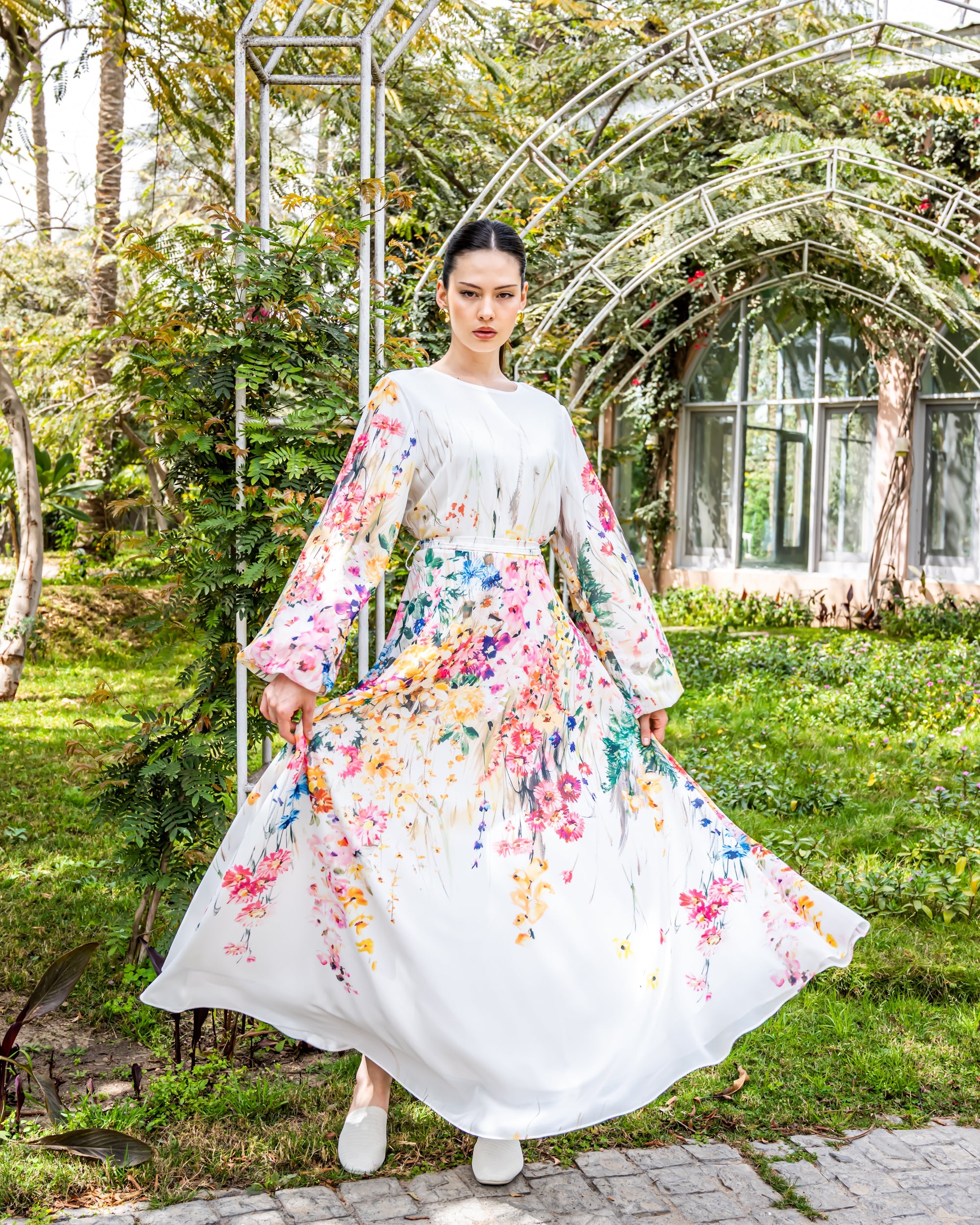 FLOWERED CHIFFON DRESS-WHITE