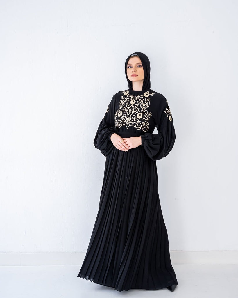 EMBROIDERED RUFFLE CHIFFON DRESS-BLACK  Pistage