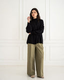 GABARDINE WIDE LEG PANTS-OLIVE