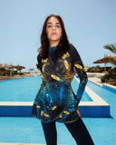 GOLD FEATHER SWIMSUIT TOP-BLUE BLACK