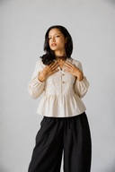 Gold-Button Peplum Blouse -LIGHT OLIVE