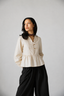 Gold-Button Peplum Blouse -LIGHT OLIVE
