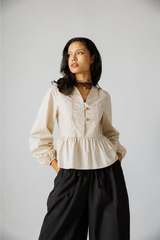 Gold-Button Peplum Blouse -LIGHT OLIVE
