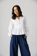 Gold-Button Peplum Blouse -White