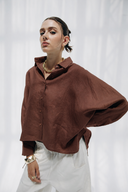 HIGH LOW LINEN SHIRT -BROWN