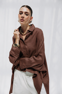 HIGH LOW LINEN SHIRT -BROWN