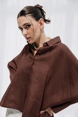 HIGH LOW LINEN SHIRT -BROWN
