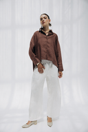 HIGH LOW LINEN SHIRT -BROWN