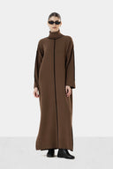 CONTRAST PIPING KNIT DRESS - CAFE