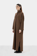 CONTRAST PIPING KNIT DRESS - CAFE